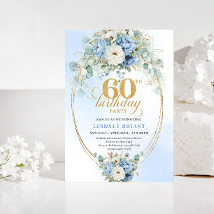 Invitación Cumpleaños 60 azul claro floral blanco peonía dora