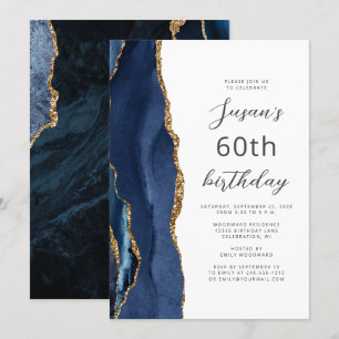 Invitación Cumpleaños 60 Azul Marino Ágata Dorada Script