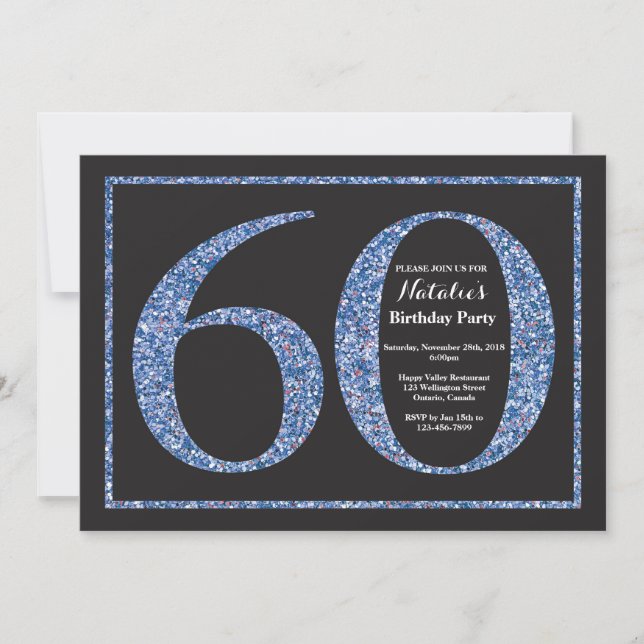 Invitación Cumpleaños 60 Azul Pizarra Brillante (Anverso)
