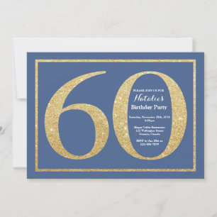 Invitación Cumpleaños 60 azul y dorado con brillo