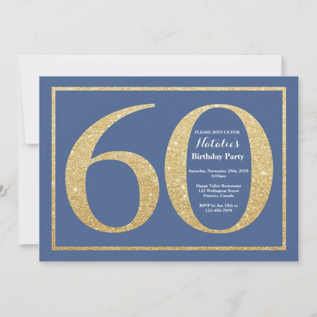 Invitación Cumpleaños 60 azul y dorado con brillo (Anverso)