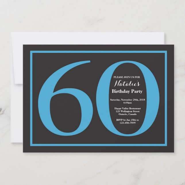 Invitación Cumpleaños 60 Azul y Pizarra Negra (Anverso)