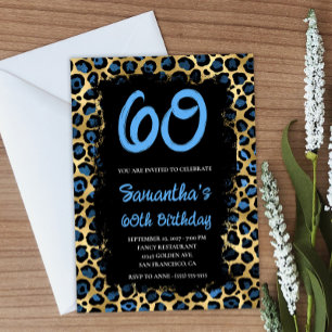 Invitación Cumpleaños 60 Blue Gold Leopard Pintado de Negro