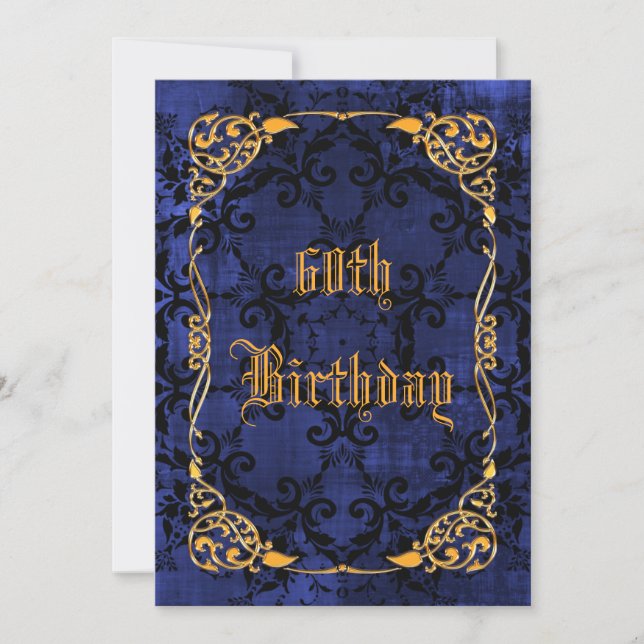 Invitación Cumpleaños 60 Blue Gothic & Gold Framed (Anverso)