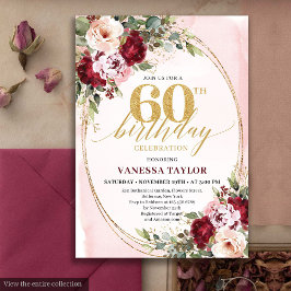 Invitación Cumpleaños 60 Boho Blush Burgundy Rosas Doradas