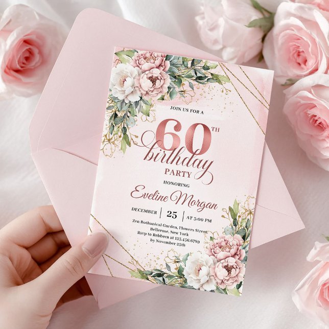 Invitación Cumpleaños 60 Boho Rosa Dorado Brillo (Rose Gold Shimmering Blush Pink 60th Birthday Invite)