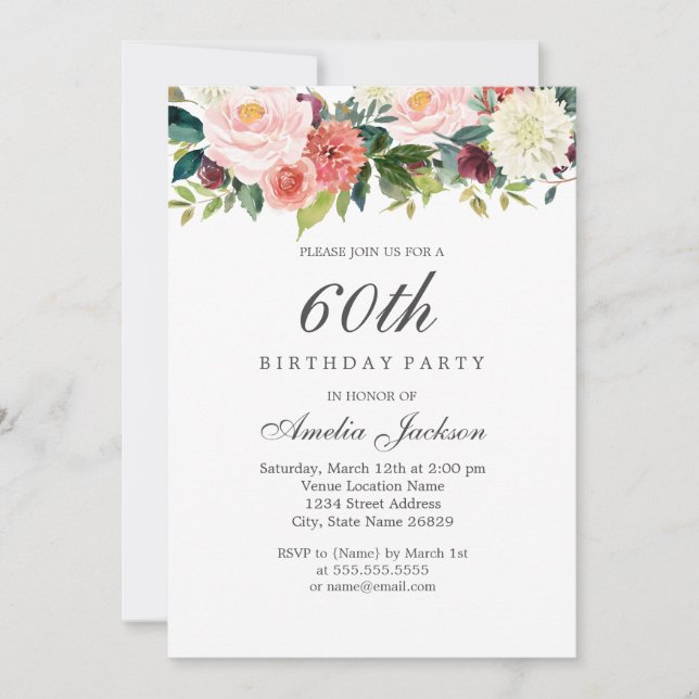 Invitación Cumpleaños 60 Botánico Floral Melocotón Rosado (Anverso)