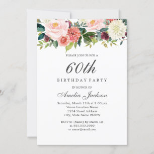 Invitación Cumpleaños 60 Botánico Floral Melocotón Rosado