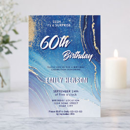 Invitación Cumpleaños 60 Brillante Mármol Azul Dorado
