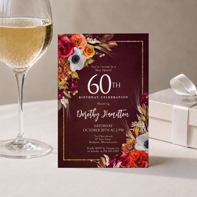 Invitación Cumpleaños 60 burgundy Flores de Otoño Letra Elega (Subido por el creador)
