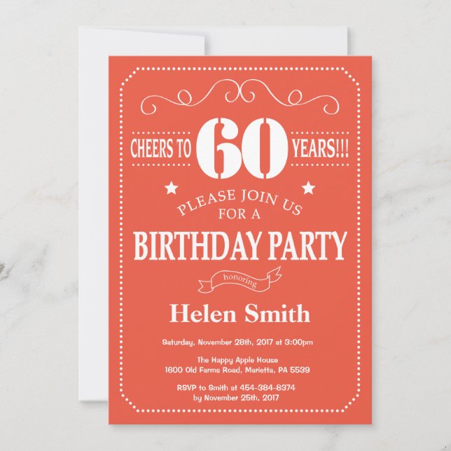 Invitación cumpleaños 60 Burgundy Naranja y Blanco (Anverso)