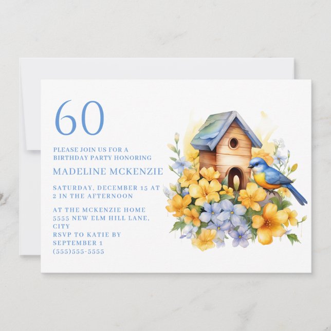 Invitación Cumpleaños 60 Casa de pájaros azul flores amarilla (Anverso)