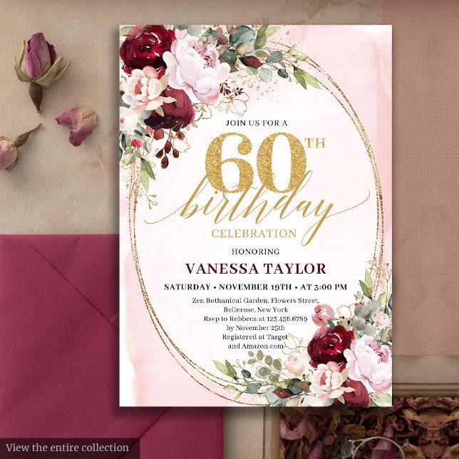 Invitación Cumpleaños 60 Chic Boho Burgundy Blush Floral (Chic Boho Burgundy Blush Floral 60th Birthday)