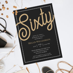 Invitación Cumpleaños 60 Chic Negro y Dorado Letra
