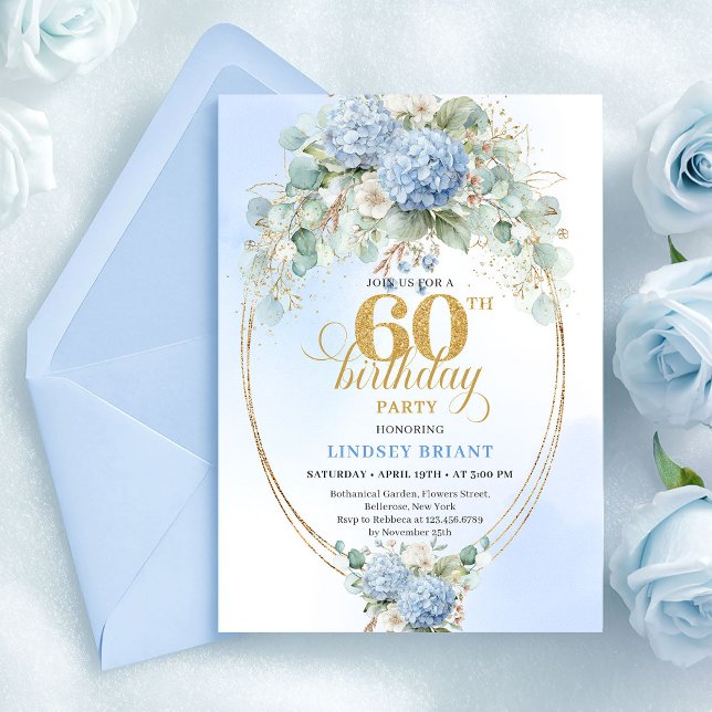 Invitación Cumpleaños 60 Chic Rústico Pastel Azul Hortensias (Chic Rustic Pastel Blue Hydrangeas 60th Birthday)