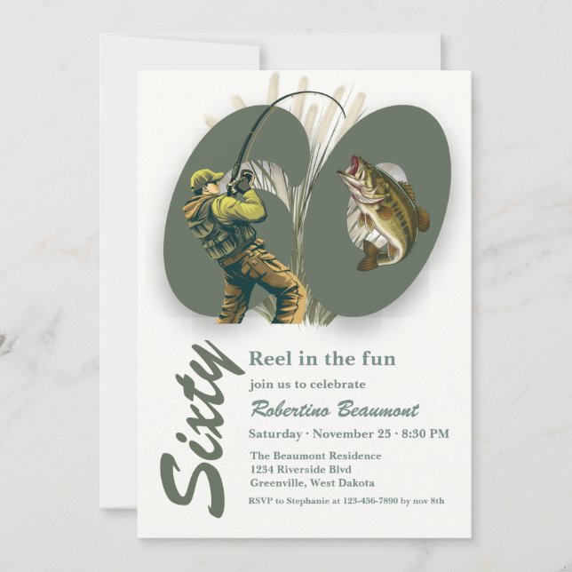 Invitación Cumpleaños 60 Clásico Verde de Pesca (Anverso)