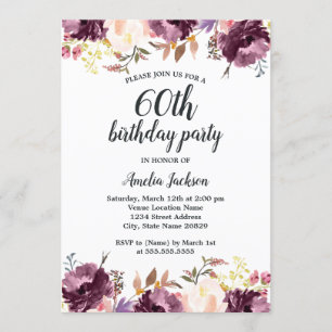Invitación Cumpleaños 60 con Acuarela de Flor de Púrpura en F
