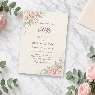 Invitación Cumpleaños 60 con Acuarela Floral Rosada