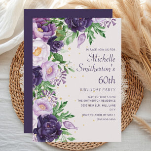 Invitación Cumpleaños 60 con Brillo Floral Púrpura
