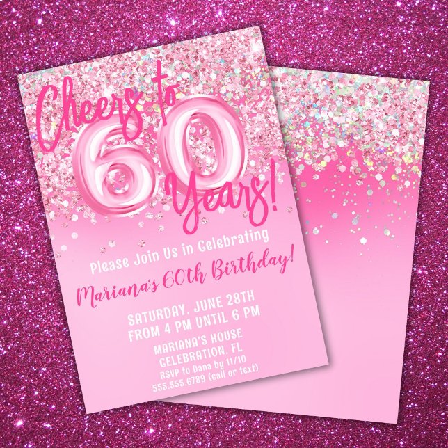 Invitación Cumpleaños 60 con brillo rosa (Subido por el creador)