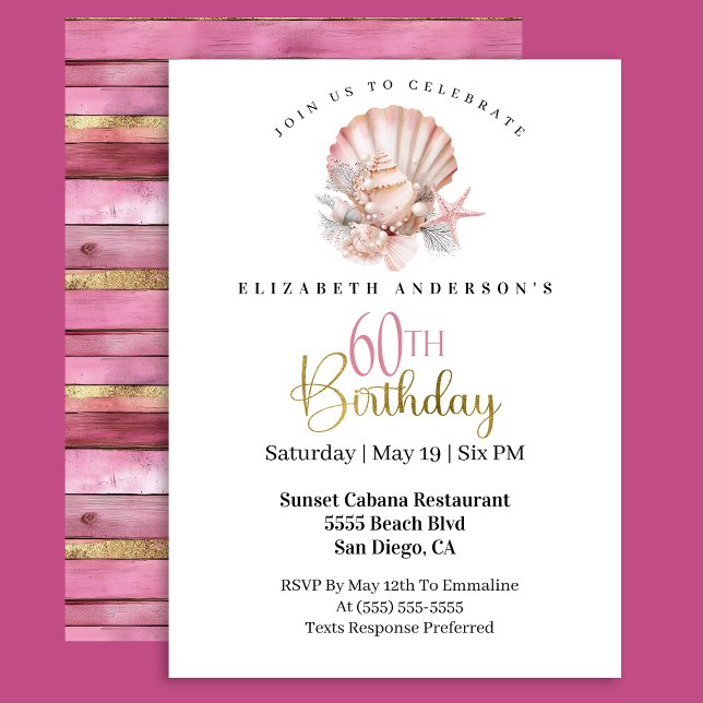Invitación Cumpleaños 60 con Concha de Mar Rosa y Perlas (Subido por el creador)
