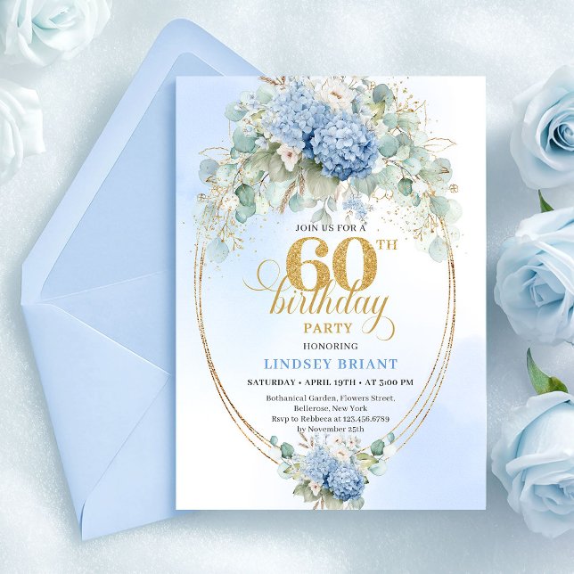 Invitación Cumpleaños 60 con Estilo Boho Pastel Azul y Verdor (Stylish Boho Pastel Blue Greenery 60th Birthday)