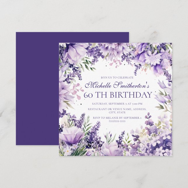 Invitación Cumpleaños 60 con Floral Acuarela de Lavanda Púrpu (Anverso / Reverso)