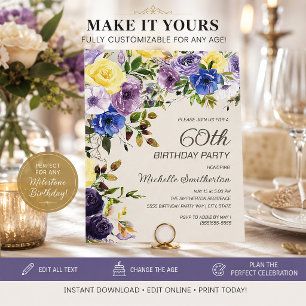 Invitación Cumpleaños 60 con Flores Acuarela Amarillo Púrpura