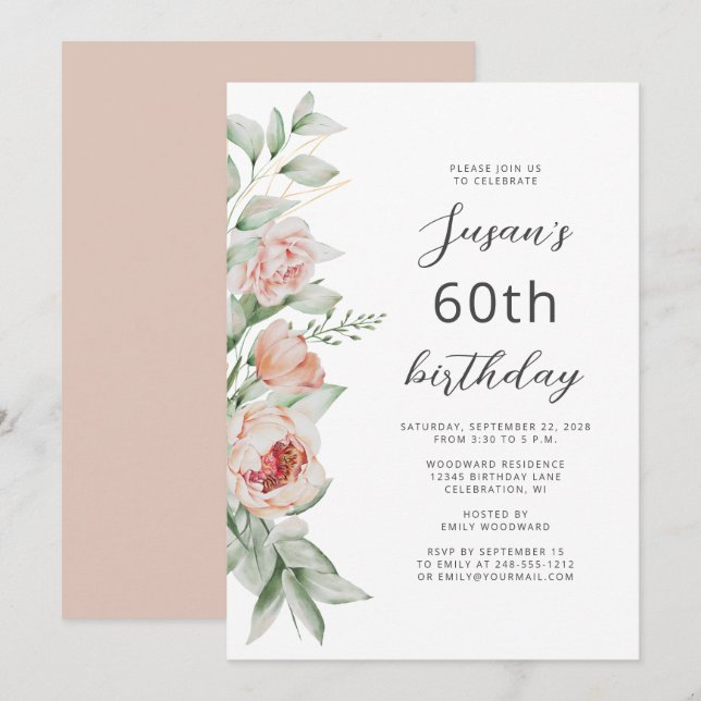 Invitación Cumpleaños 60 con Flores de Durazno al Agua (Anverso / Reverso)