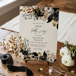 Invitación Cumpleaños 60 con Flores de Oro en Acuarela Negra