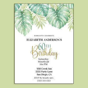 Invitación Cumpleaños 60 con Hojas Tropicales Acuarela