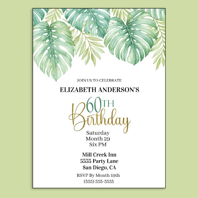 Invitación Cumpleaños 60 con Hojas Tropicales Acuarela (Watercolor Tropical Leaves 60th Birthday Invitation.)