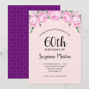 Invitación Cumpleaños 60 con Peonías Rosadas Acuarela