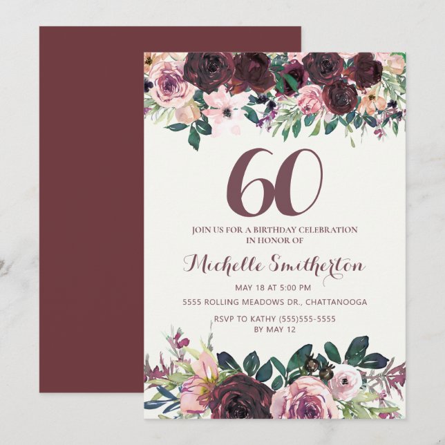 Invitación Cumpleaños 60 Cumpleaños Flor de Rosa de Borgoña (Anverso / Reverso)