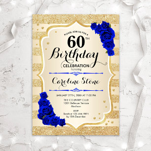 Invitación Cumpleaños 60 Cumpleaños Rayas Doradas Rosas Azule