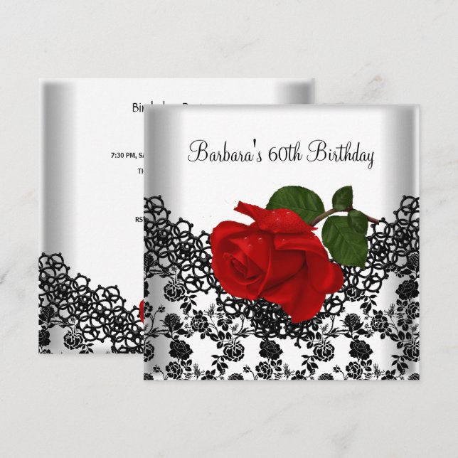 Invitación Cumpleaños 60 Damask Lace Negro Blanco Rosa ROJA (Anverso / Reverso)