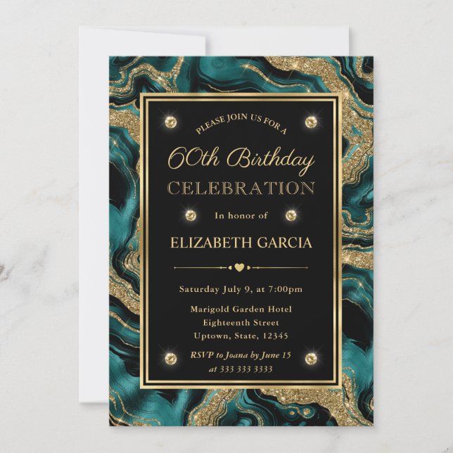 Invitación Cumpleaños 60 de Agata Brillante Turquesa y Dorado (Anverso)