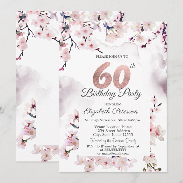 Invitación Cumpleaños 60 de Cherry Blossom (Anverso / Reverso)