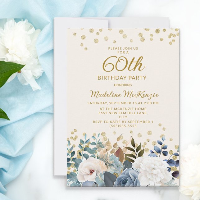Invitación Cumpleaños 60 de Dusty Blue White Floral Gold (Subido por el creador)