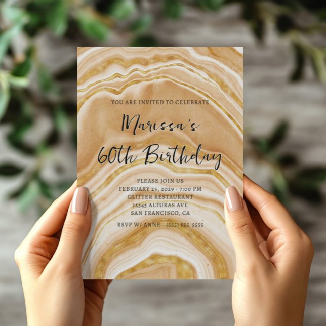 Invitación Cumpleaños 60 de Falso Ágata Dorada (Faux Golden Agate 60th Birthday Invitation)