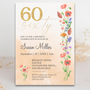 Invitación Cumpleaños 60 de Flor Silvestre Suave para Ella -