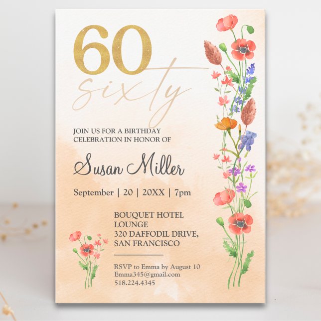 Invitación Cumpleaños 60 de Flor Silvestre Suave para Ella -  (Subido por el creador)