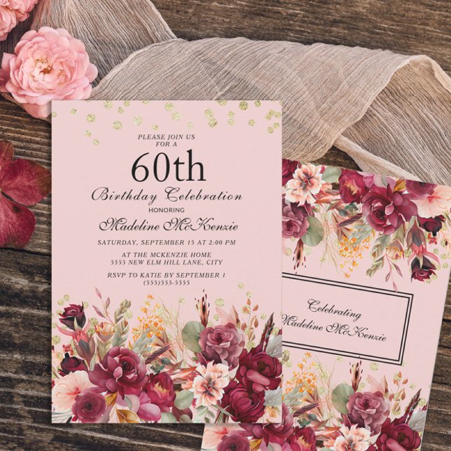 Invitación Cumpleaños 60 de Floral Burgundy Rosa Brillo Dorad (Subido por el creador)