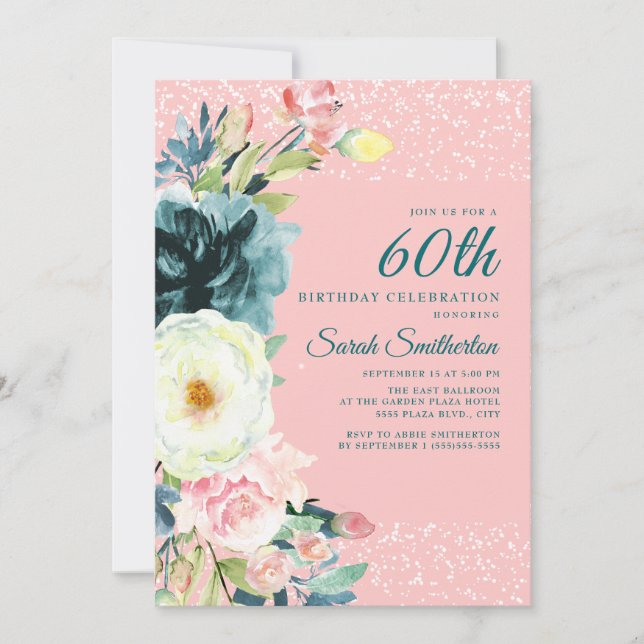 Invitación Cumpleaños 60 de Floral Crema Rosa Turquesa (Anverso)