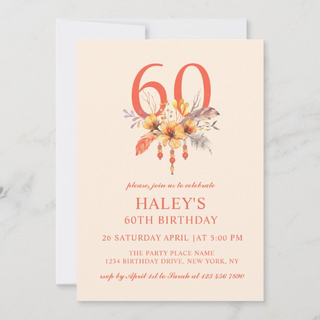 Invitación Cumpleaños 60 de Floral Otoño Boho Salvaje (Anverso)