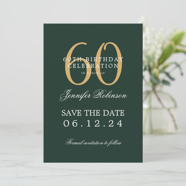 Invitación Cumpleaños 60 de Gold Green Guardar Fecha con Deta (Anverso de pie)
