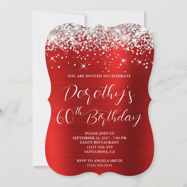 Invitación Cumpleaños 60 de lujo con brillo plateado rojo (Anverso)