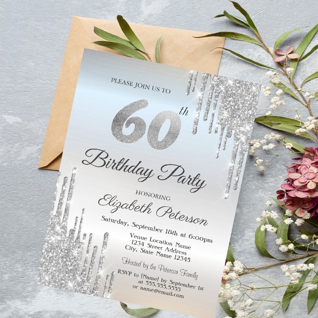Invitación Cumpleaños 60 de lujo con gotas de brillo de plata (Subido por el creador)