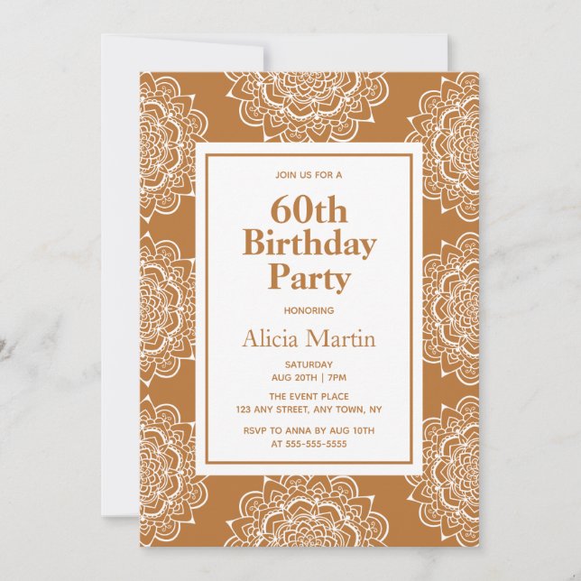 Invitación Cumpleaños 60 de Mandala de Flor de Cobre y Blanco (Anverso)