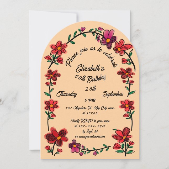 Invitación Cumpleaños 60 de Melocotón Fiesta Garabatos Capric (Anverso)